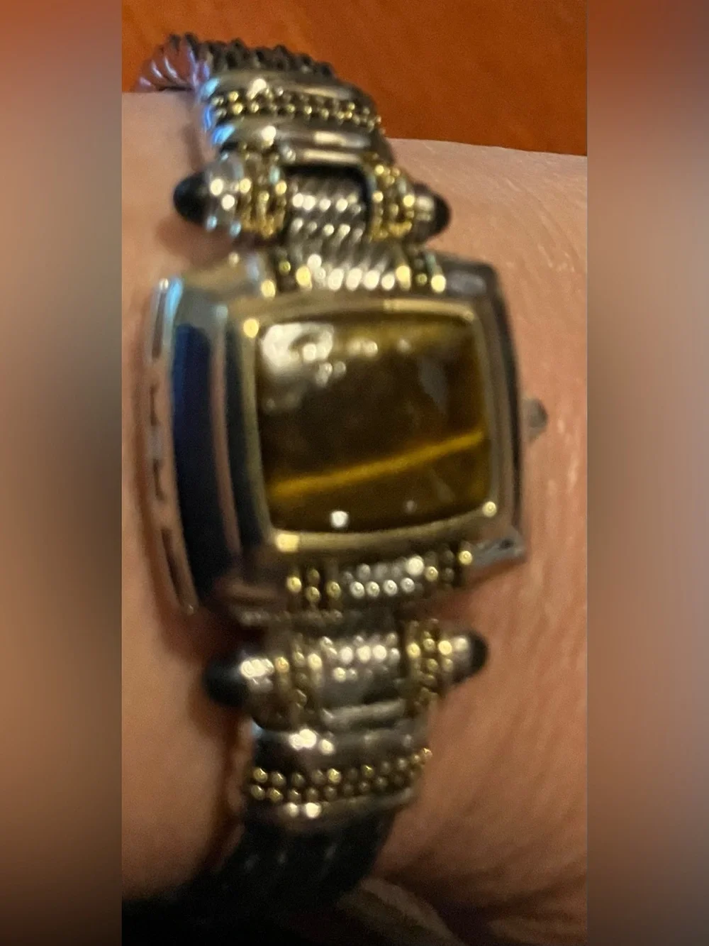 NEW Vintage Gruen Peek-A-Boo Bracelet Watch in Silver & Gold with Amber Dial
